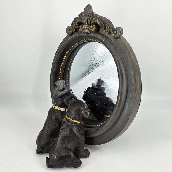 Vintage Victorian Style table top mirror whimsical bulldogs moniker tophat